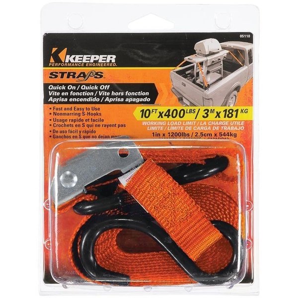 Keeper 0 TieDown, 1 in W, 10 ft L, Nylon, Orange, 400 lb, SHook End Fitting 5110